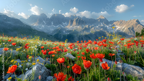 A vibrant nature mountain landscape with wildflowers blooming along the rocky slopes
