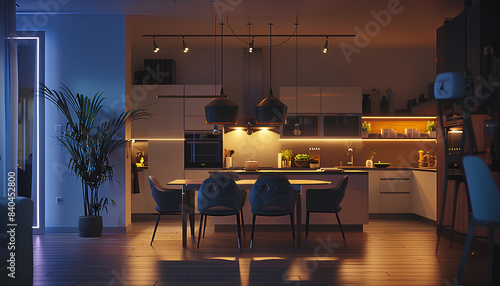 Interior of modern open plan kitchen with dining table and glowi