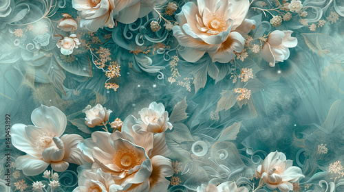 Surrealistic fantasy artwork of flowing flowers in dark aqua with smoke fractals