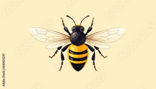 Bee anatomy flat design, top view, entomology theme, cartoon drawing, colored pastel