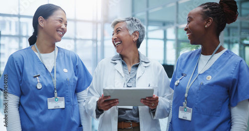 Healthcare, happy women and doctor with tablet for medical discussion about procedure or operation. Smile, teamwork and female nurse with tech for conversation and analysis of patient surgery results