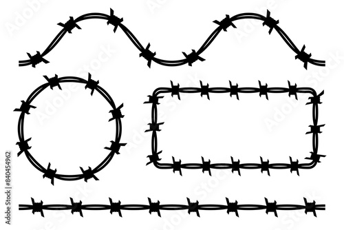 Barbed wire. Black silhouette of a prison fence. Steel line with sharp spikes. A set of barbed wire shapes, wavy and circle, rectangle and straight. Vector illustration flat design.
