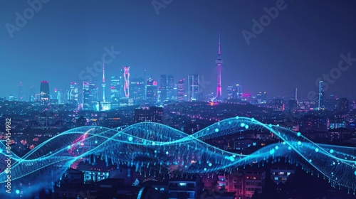 Smart city and big data connection technology concept with digital blue wavy wires with antennas on night megapolis city skyline background,