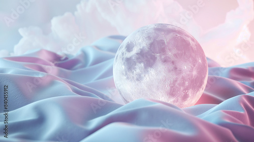 closeup lua 3D brilhante deitada em roupa de cama macia em cores pastel