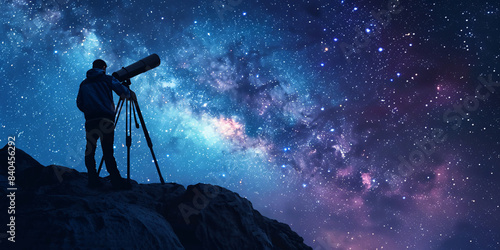 star gazing concept, silhouette of astronomer with telescope over star sky background