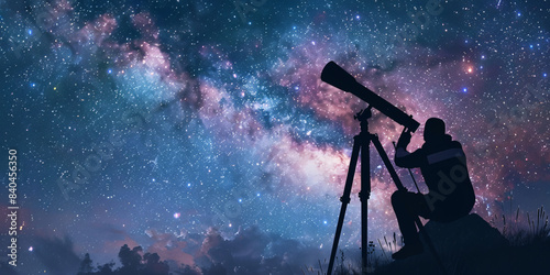 silhouette of astronomer with telescope watching over star sky
