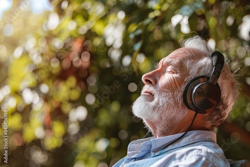 Senior man wearing headphones receiving sound therapy for balance and overall well-being.