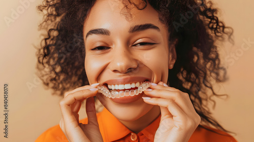 Close up cropped young woman wear orange shirt casual clothes hold in hand invisible transparent aligners, invisalign bracer smile isolated on plain pastel light beige background. Lifestyle concept.