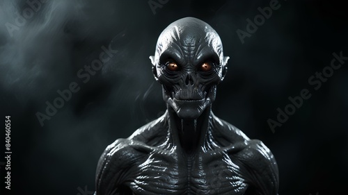 Scary gray alien walks and looks blinking on a dark smoky background. UFO futuristic concept.