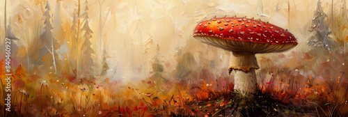 Fly agaric mushroom in autumn forest. Red toadstool painting, brush strokes visible. Autumn banner, fall colors.