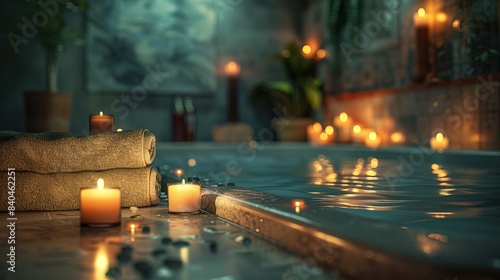Tranquil spa ambiance: dimly lit candles illuminate massage room with open 