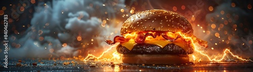 A sizzling gourmet burger with bacon, cheese, and a sesame bun, surrounded by fiery elements and an intense, dramatic background.