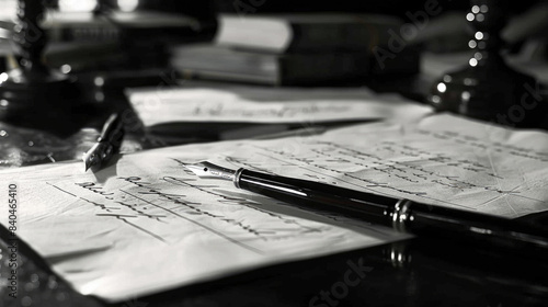 A black and white photo of a fountain pen lying on a piece of paper on a desk