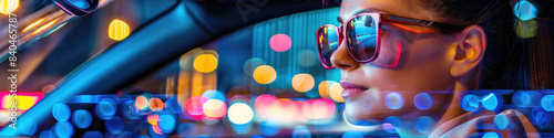 A woman drives through a city at night, her face illuminated by the bright lights reflecting off her sunglasses