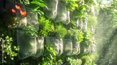 Hanging Pocket Vertical Garden A 3D display of fabric pockets filled with plants, hanging vertically