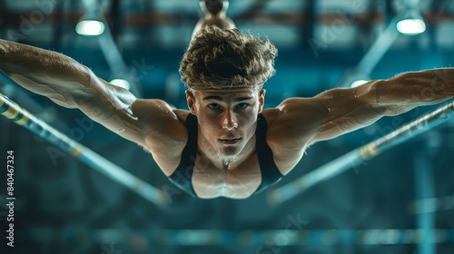 Dynamic image of a male gymnast performing on horizontal bar, gymnastics arena. Strength and agility