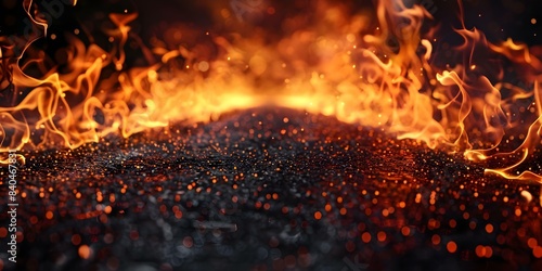 Dynamic Abstract Concept Blazing Fire on Wet Road Against Black Background. Concept Abstract Art, Fire Element, Wet Road, Black Background, Dynamic Composition