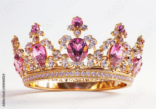 Elegant golden crown adorned with pink gemstones and diamonds in 3D illustration