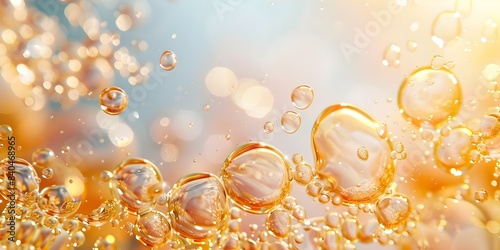 Serum Oil Drops in Water with Bubbles on White Background Cosmetic Product. Concept Product Photography, Cosmetic Products, Serum Droplets, Water Bubbles, White Background