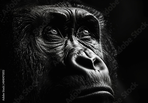 A close up portrait face of a powerful dominant male gorilla on black background, beautiful Portrait of a Gorilla male, severe silver back, anthropoid ape, stern face, isolated black background