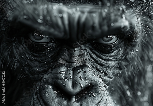 A close up portrait face of a powerful dominant male gorilla on black background, beautiful Portrait of a Gorilla male, severe silver back, anthropoid ape, stern face, isolated black background
