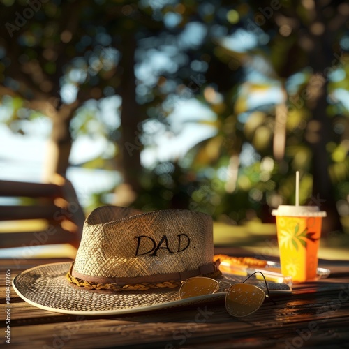 A straw hat with the word Dad written on it sits on a table next to a cup of ora, father day concept, #1 Dad, illustration, copy space.