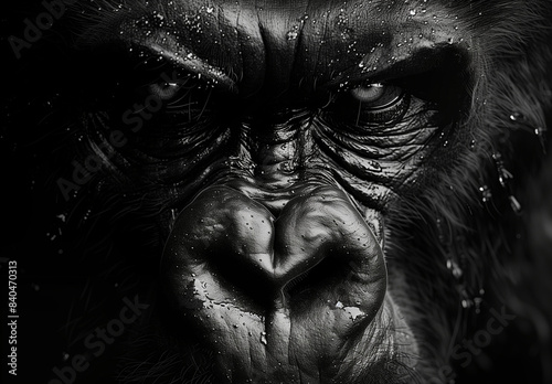 A close up portrait face of a powerful dominant male gorilla on black background, beautiful Portrait of a Gorilla male, severe silver back, anthropoid ape, stern face, isolated black background