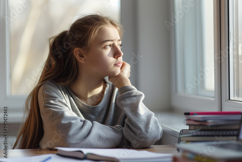 Giovane studentessa pensierosa seduta alla scrivania mentre fa i compiti