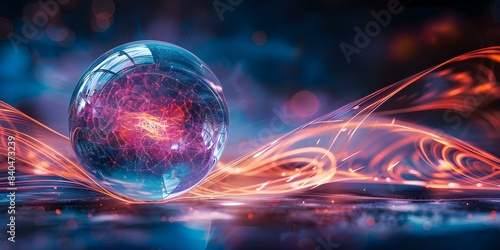 Cosmic energy transforms glass ball with vibrant highfrequency waves and vibrations. Concept Vibrant Energy, Cosmic Transformation, Glass Ball, High-Frequency Waves