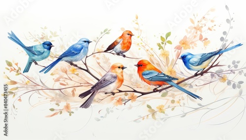 Bird mimicry behavior flat design, top view, ornithology theme, watercolor, splitcomplementary color scheme