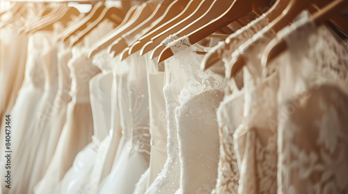 Gorgeous and sophisticated bridal dress elegantly displayed on hangers. Array of wedding dresses hanging in a boutique bridal shop salon. Blurred background in beige tones and sunlight.