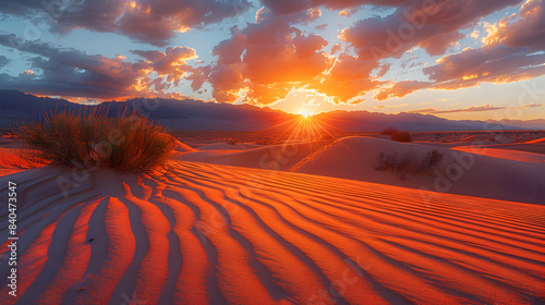 An ultra HD view of a nature desert at sunrise, the light casting long shadows and creating a golden glow across the sand