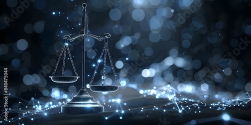 Digital scales symbolize law and technologys intersection in justice system. Concept Law and Technology, Digital Scales, Justice System, Legal Innovation