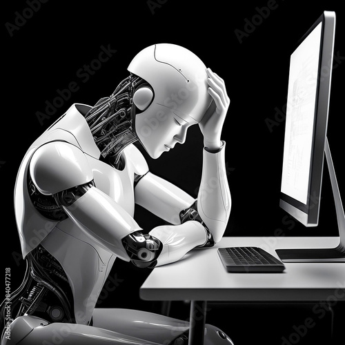 デスクトップパソコンの前で頭を抱える人工知能ロボットのフォトリアリスティックなイメージ 黒背景