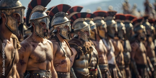 Group of Spartan warriors preparing for battle. Concept Historical reenactment, Warrior culture, Armed forces training, Ancient warfare, Battle strategies,