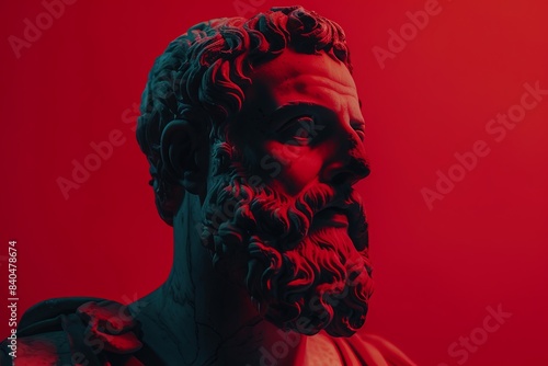 red background exuding power. sculpture Plato banner