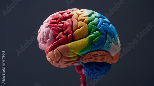 modelo anatômico colorido do cérebro humano, com destaque para o lobo frontal, conhecido por seu papel no planejamento