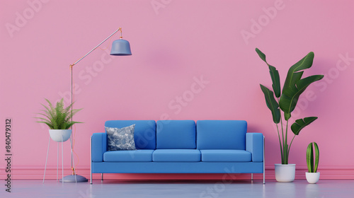 Um interior elegante e contemporâneo de sala de estar com sofá azul, plantas, luminária de chão e paredes rosa em um ambiente limpo e minimalista