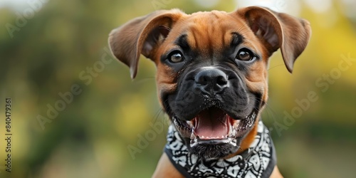 Closeup portrait of joyful boxer dog in bandana chewing bones. Concept Pets, Closeup Photography, Dog Portraits, Bandanas, Chew Toys