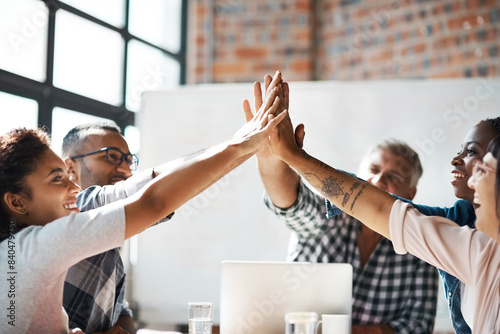 Business people, meeting and high five with smile, celebration and connection in support with diversity. Men, woman and solidarity in scrum with teamwork, synergy and link with motivation at startup