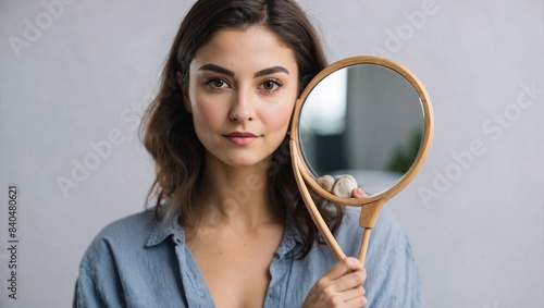 woman holding magnifying mirror 