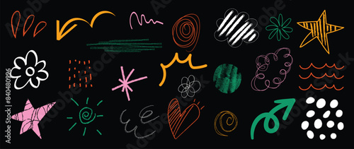 Set of cute pen line doodle element vector. Hand drawn doodle collection of heart, arrows, scribble, speech bubble, mark, star, flower. Design for print, cartoon, card, decoration, sticker.