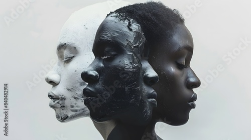 Three black and white conceptual human sculptures in profile view, symbolizing unity and diversity with artistic texture on neutral background.