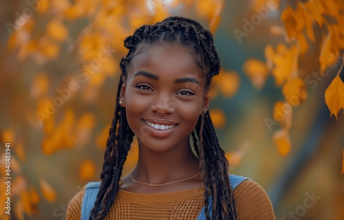 portrait of happy young African girl braid hairstyle in autumn park 