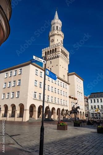 town hall and the monument to prince Kazimierz I on the market square in Opole. Poland