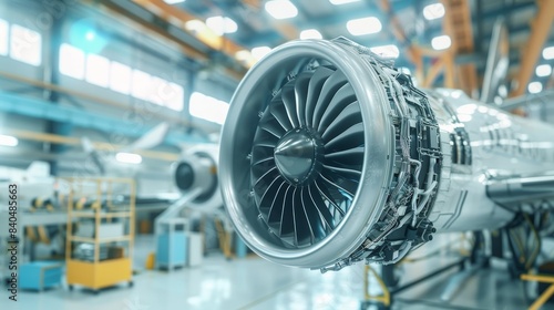 Close-up view of a jet engine in an aircraft maintenance hangar. Engine turbine details and industrial workshop setting.