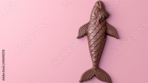 A 3D rendering of a chocolate fish on a pink background. The fish is facing the left of the viewer and has a realistic texture.