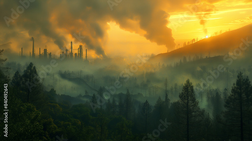 A dark, smoky sunset casts a shadow over a dense forest, with industrial structures silhouetted in the distance.