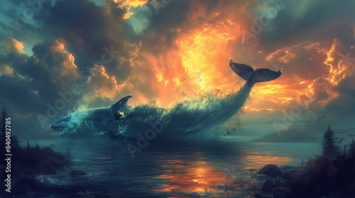 A giant whale leaps from the ocean, its tail creating a wave of water against a fiery sunset sky.