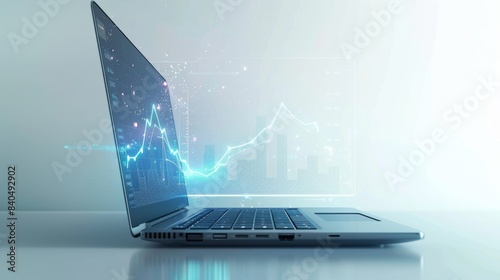 Professional photo of laptop with holographic rising graph chart symbolizing business growth on white background. Ideal for financial presentations, Created with Generative AI.